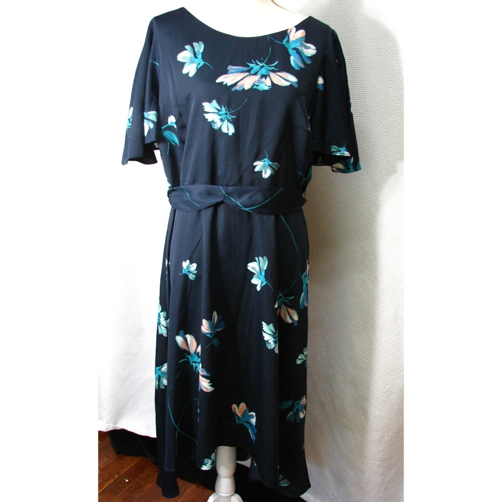 New DKNY Blue Floral Midi Dress Short Flutter Sleeves Hi Low Hem Size 16